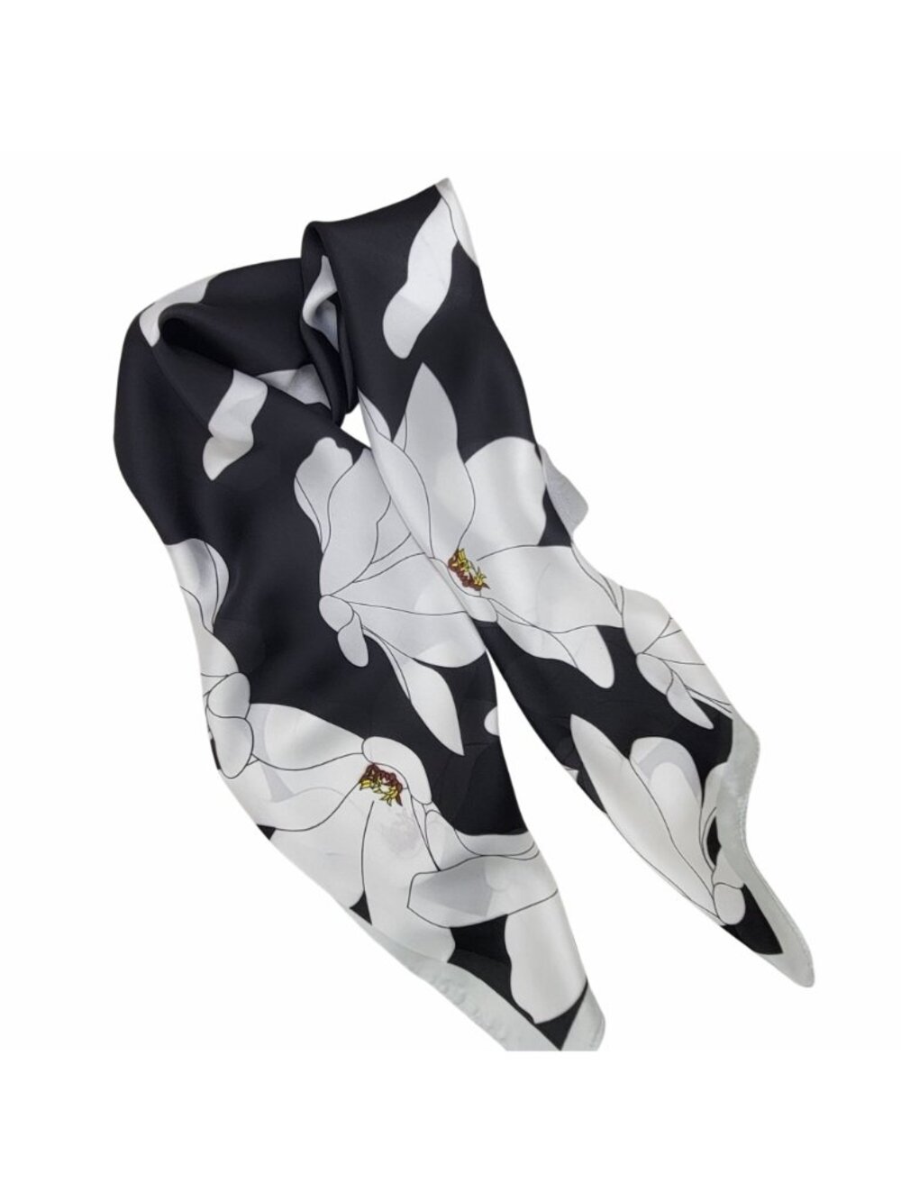 Luxurious Chic Silky Square Scarf Soft Black White Magnolia Floral Print Bandana - Picture 4 of 6